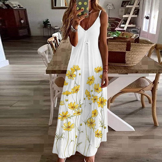 Ovany | Damen Maxikleid mit V-Ausschnitt aus Baumwolle – Blumenprint & Spaghettiträger – Luftiger Sommer-Look