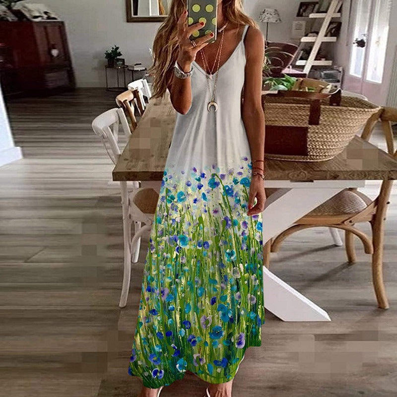 Ovany | Damen Maxikleid mit V-Ausschnitt aus Baumwolle – Blumenprint & Spaghettiträger – Luftiger Sommer-Look