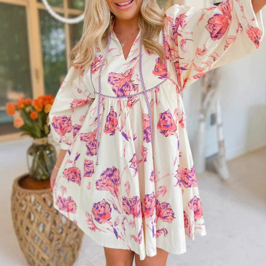 Amoret | Damen Sommerkleid mit V-Ausschnitt & stilvollem Print – Locker sitzendes Minikleid mit eleganten Ballonärmeln