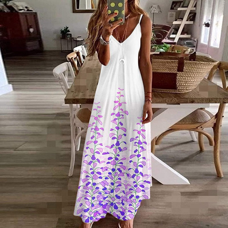 Ovany | Damen Maxikleid mit V-Ausschnitt aus Baumwolle – Blumenprint & Spaghettiträger – Luftiger Sommer-Look