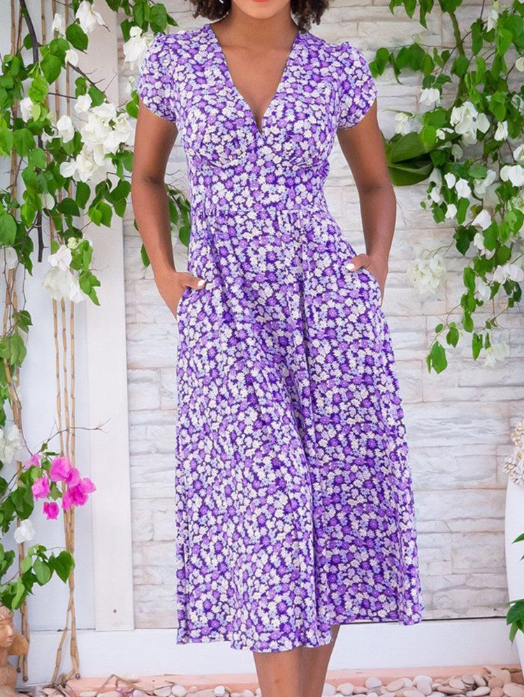 Helga | Geblümtes Boho-Midikleid mit V-Ausschnitt & kurzen Ärmeln für Sommer und Alltag