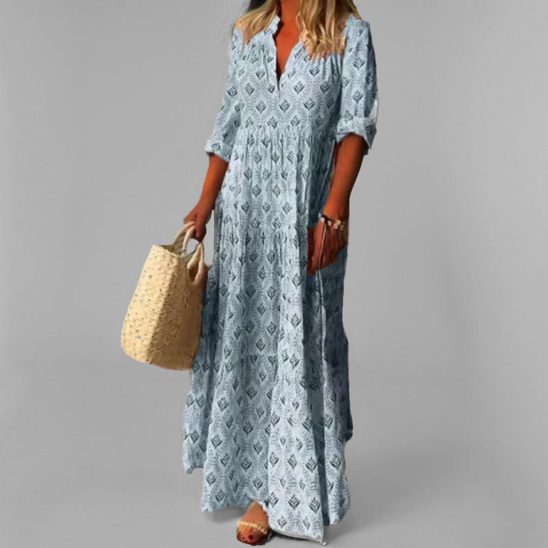 Fenne | Vintage Maxikleid mit V-Ausschnitt & 3/4-Ärmeln – Luftig, Weit Geschnitten & Leichtes Material