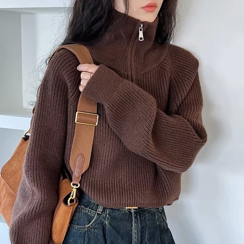 Damen Oversize Pullover mit Viertel-Reißverschluss