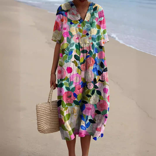 Cassandra | Sommerkleid mit V-Ausschnitt und farbenfrohem Blumenmuster | Luftig, Bequem & Feminin