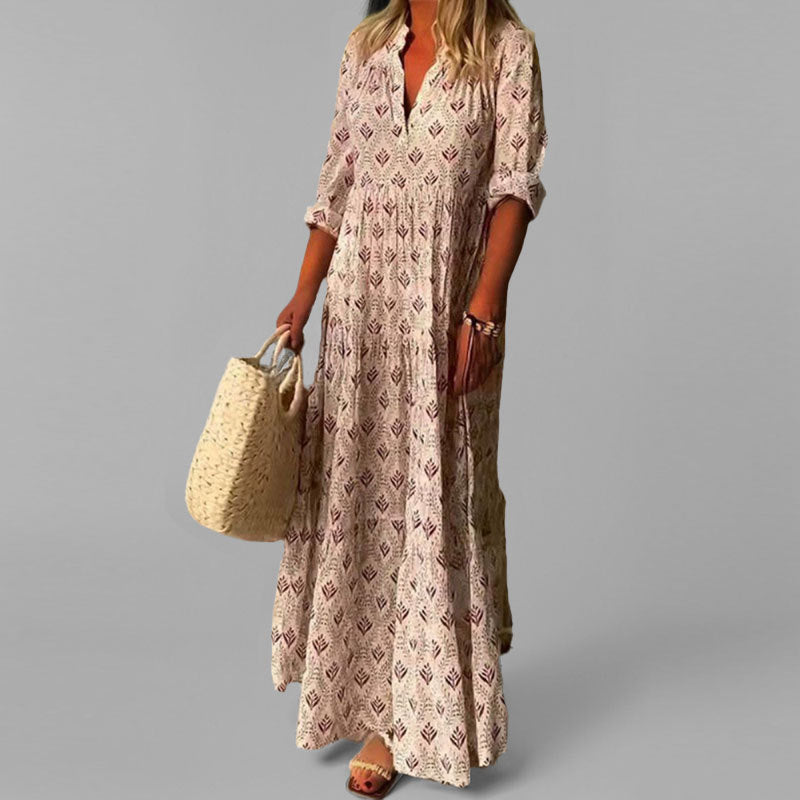 Fenne | Vintage Maxikleid mit V-Ausschnitt & 3/4-Ärmeln – Luftig, Weit Geschnitten & Leichtes Material