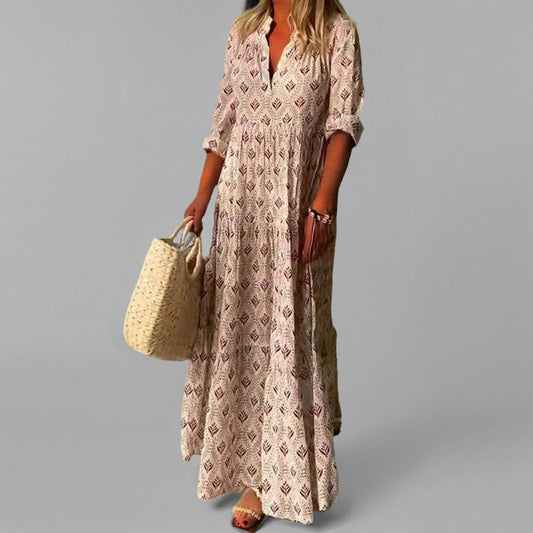 Fenne | Vintage Maxikleid mit V-Ausschnitt & 3/4-Ärmeln – Luftig, Weit Geschnitten & Leichtes Material