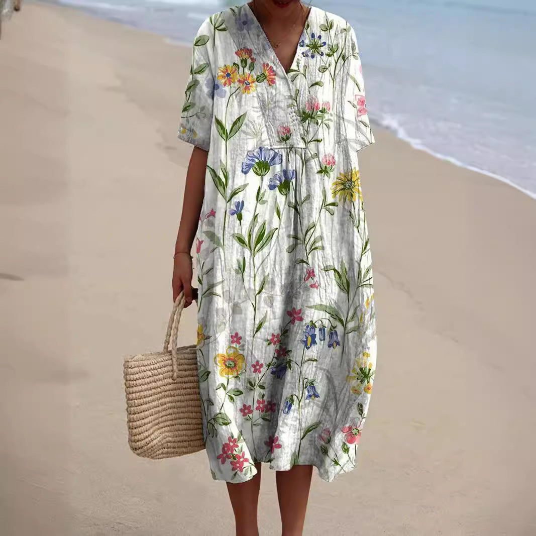 Cassandra | Sommerkleid mit V-Ausschnitt und farbenfrohem Blumenmuster | Luftig, Bequem & Feminin