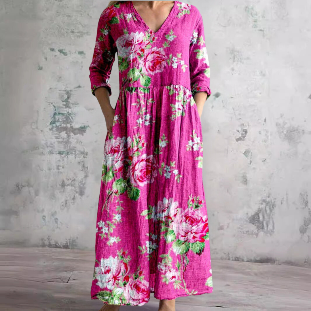 Mirandi | Sommerkleid mit Blumenprint, V-Ausschnitt & langen Ärmeln – Luftiges Maxikleid für Damen