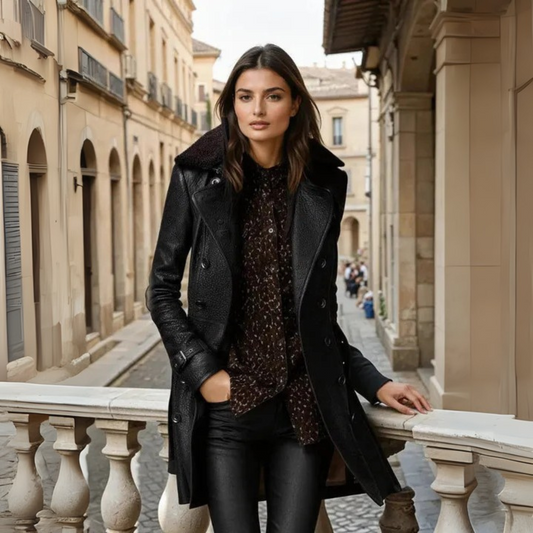 Damen Ledermantel Slim Fit Casual Winter Elegant