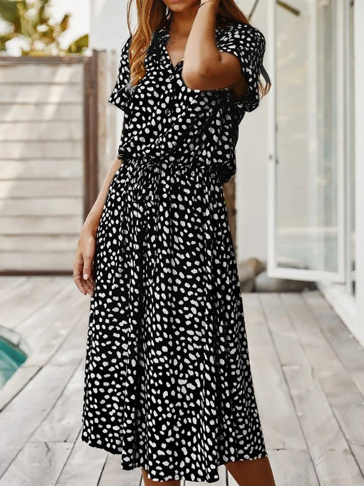 Mirrie | Sommerliches V-Ausschnitt-Midikleid mit verstellbarer Taille und kurzen Ärmeln | Bequemer Alltagsstil für Damen