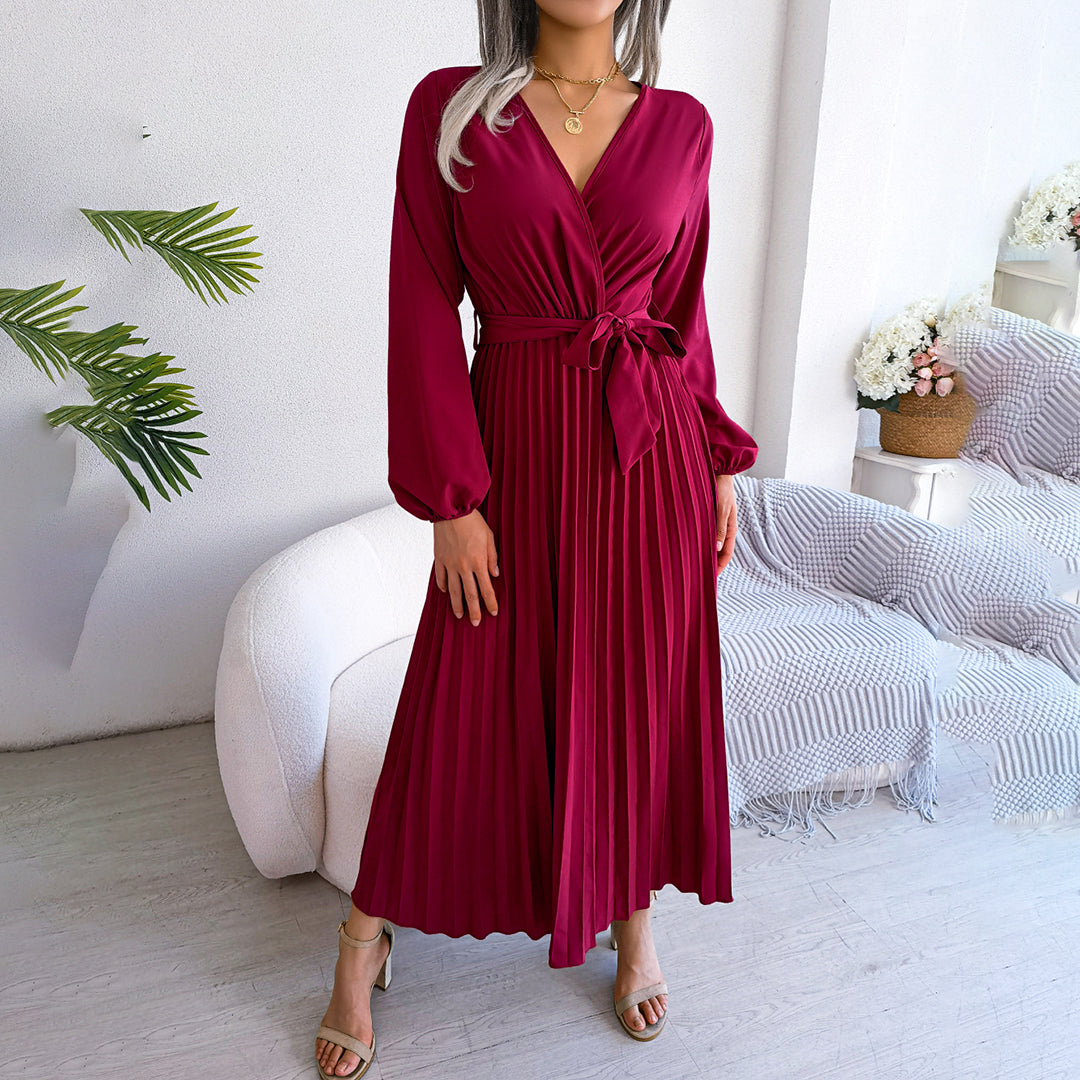 Ardena | Elegantes Damen-Maxikleid mit V-Ausschnitt, Taillengürtel und Plisseerock
