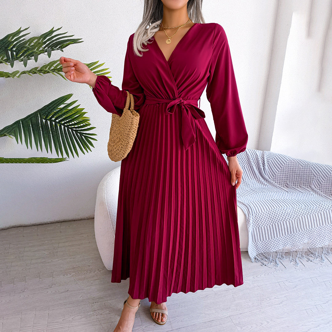 Ardena | Elegantes Damen-Maxikleid mit V-Ausschnitt, Taillengürtel und Plisseerock