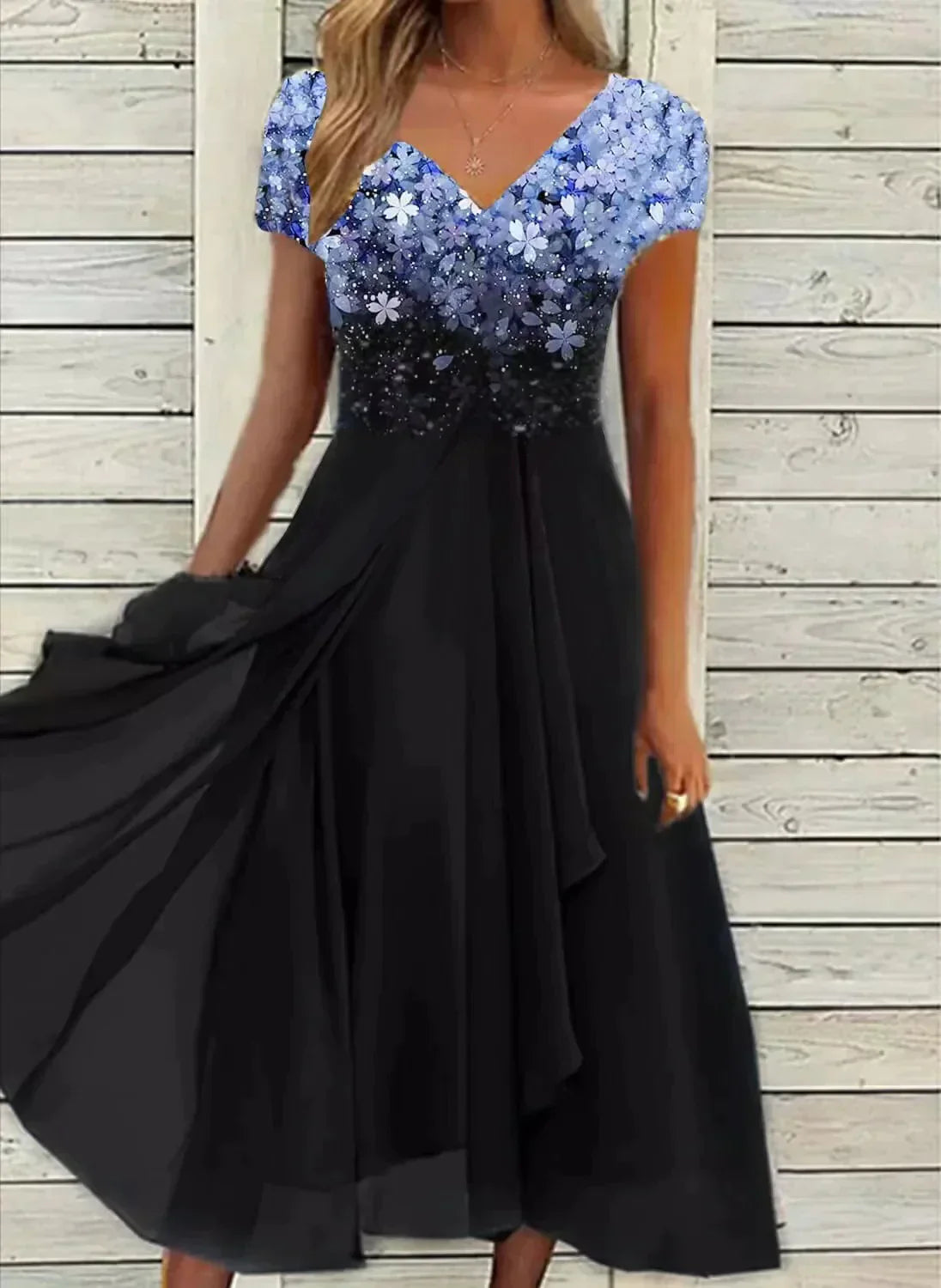 April | Damen Blumen‑Midi‑Kleid – V‑Ausschnitt, Kurzarm, Elegant für Feier & Sommeranlass