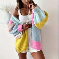 Damen Farbblock-Strickcardigan Oversize mit Patchwork-Design