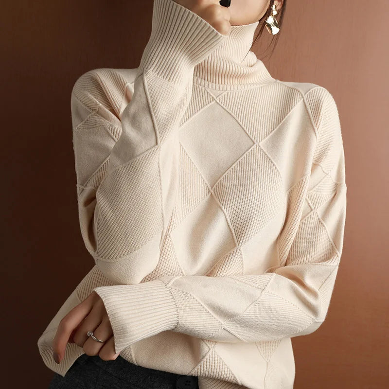Damen Rippstrickpullover Relaxed Fit Freizeit Turtleneck