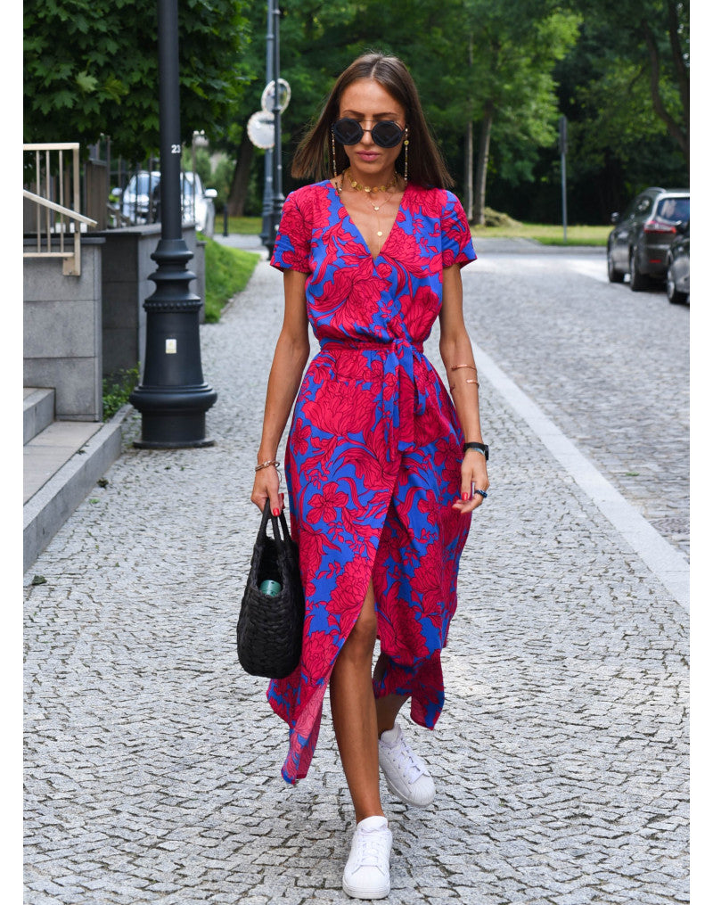 Zanya | Damen Wickel‑Maxikleid – V‑Ausschnitt, Kurzarm, Bindegürtel, Sommer‑Elegant