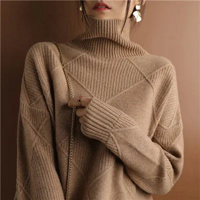 Damen Rippstrickpullover Relaxed Fit Freizeit Turtleneck