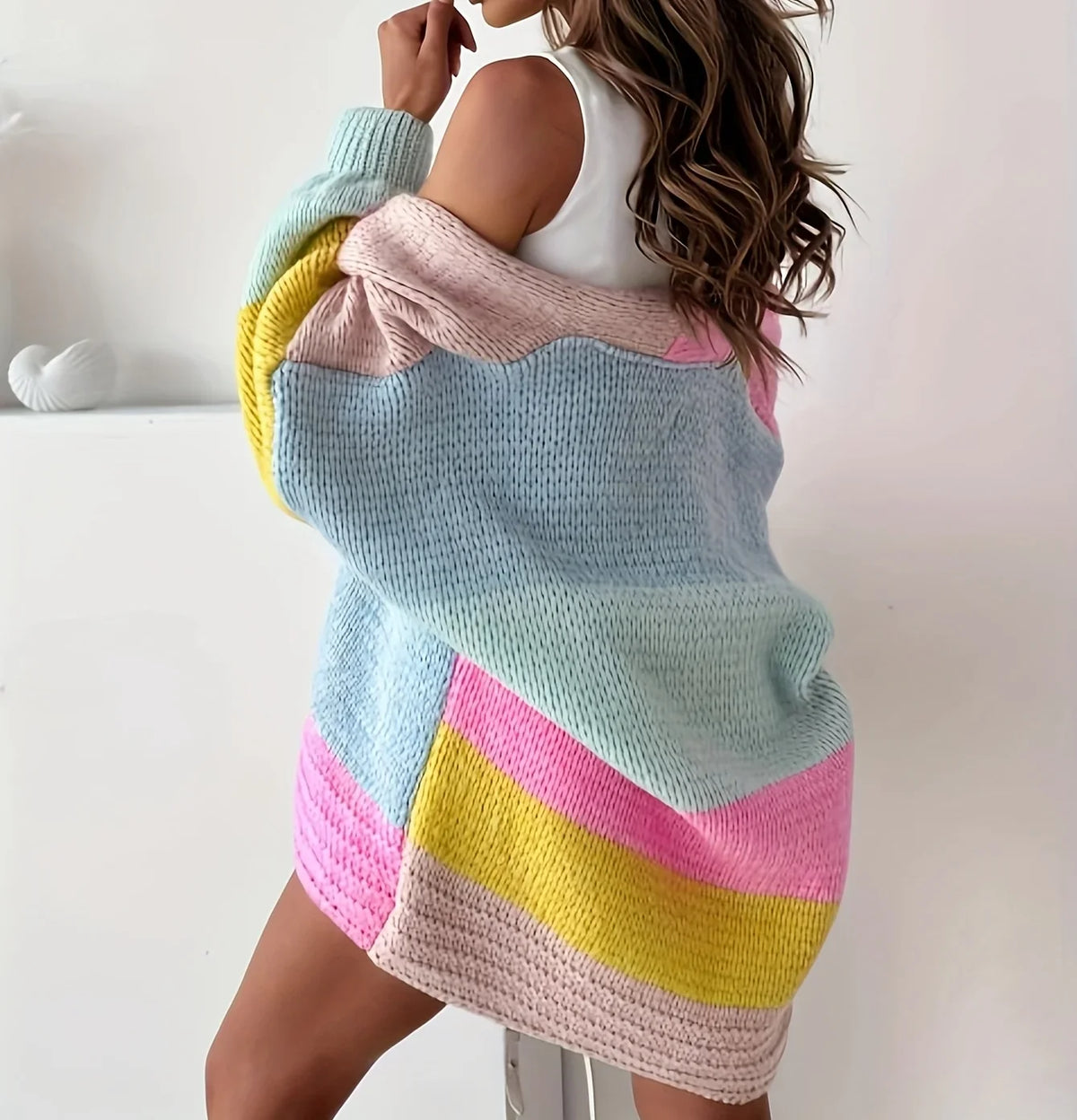 Damen Farbblock-Strickcardigan Oversize mit Patchwork-Design