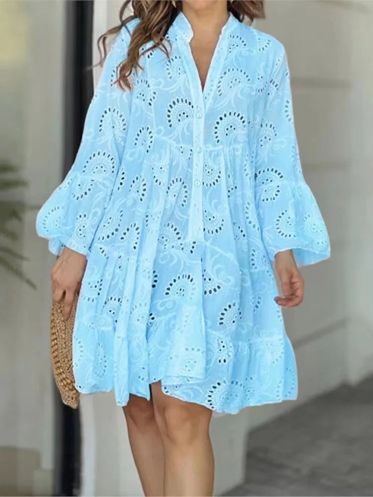 Bessy | Spitzenkleid für Damen mit Knopfleiste & Weiten Ärmeln im Boho-Stil
