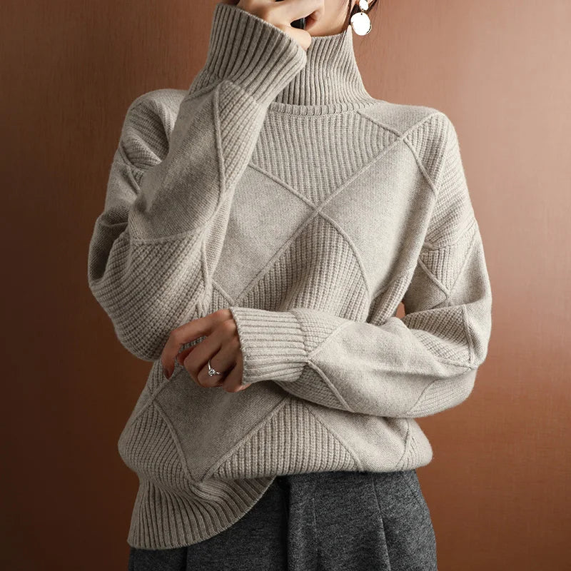 Damen Rippstrickpullover Relaxed Fit Freizeit Turtleneck