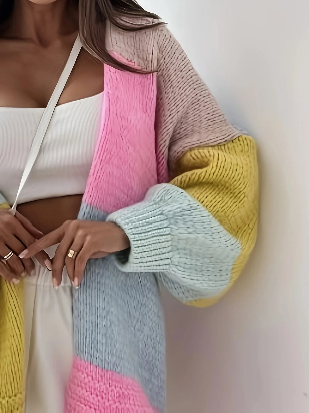 Damen Farbblock-Strickcardigan Oversize mit Patchwork-Design