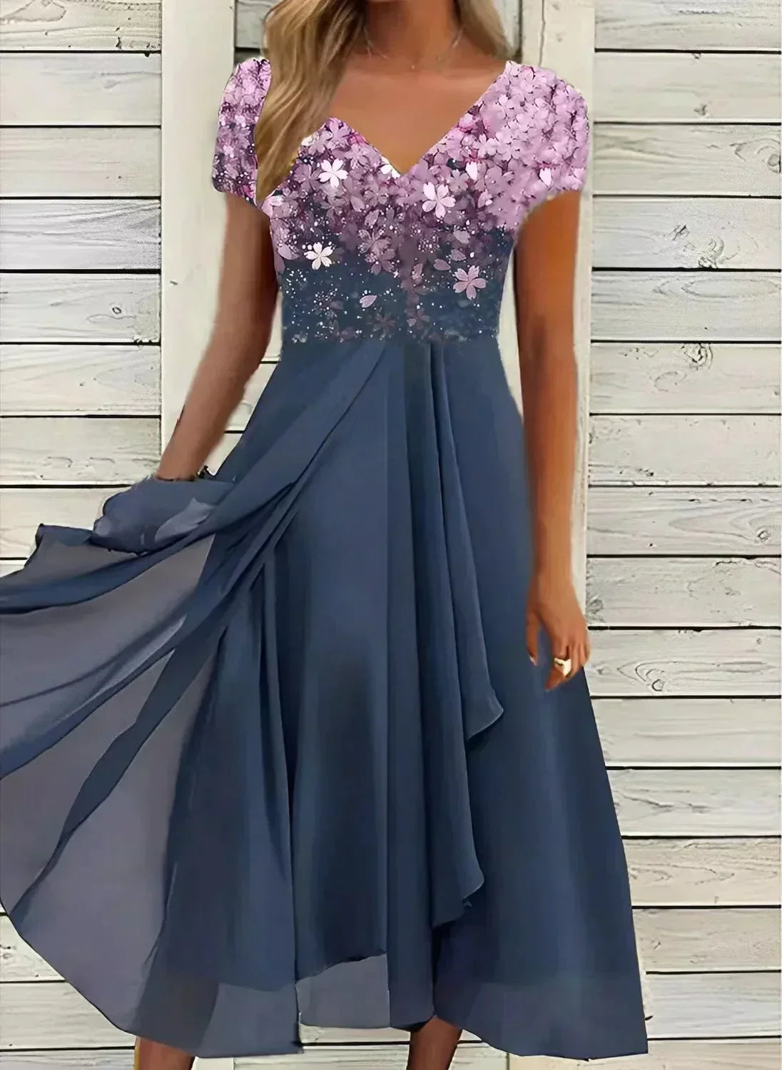 April | Damen Blumen‑Midi‑Kleid – V‑Ausschnitt, Kurzarm, Elegant für Feier & Sommeranlass