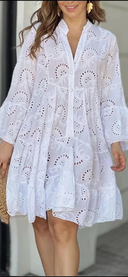 Bessy | Spitzenkleid für Damen mit Knopfleiste & Weiten Ärmeln im Boho-Stil