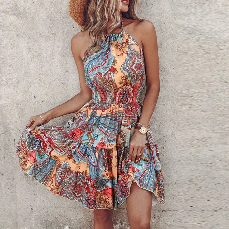 Renia | Ibiza Mini Sommerkleid – Ärmellos, Neckholder & Tailliert mit Boho-Print
