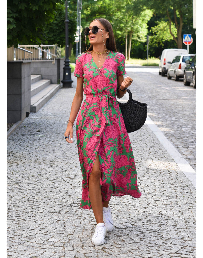 Zanya | Damen Wickel‑Maxikleid – V‑Ausschnitt, Kurzarm, Bindegürtel, Sommer‑Elegant