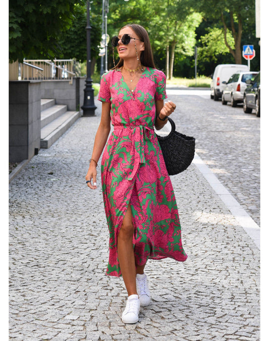 Zanya | Damen Wickel‑Maxikleid – V‑Ausschnitt, Kurzarm, Bindegürtel, Sommer‑Elegant