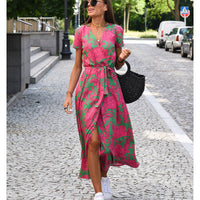 Zanya | Damen Wickel‑Maxikleid – V‑Ausschnitt, Kurzarm, Bindegürtel, Sommer‑Elegant