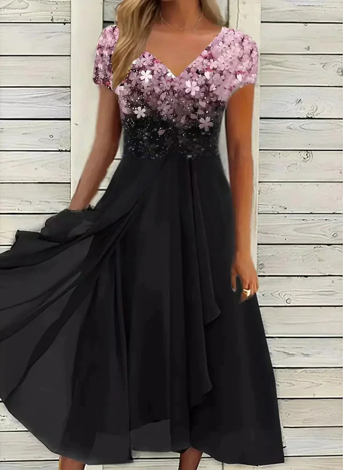 April | Damen Blumen‑Midi‑Kleid – V‑Ausschnitt, Kurzarm, Elegant für Feier & Sommeranlass