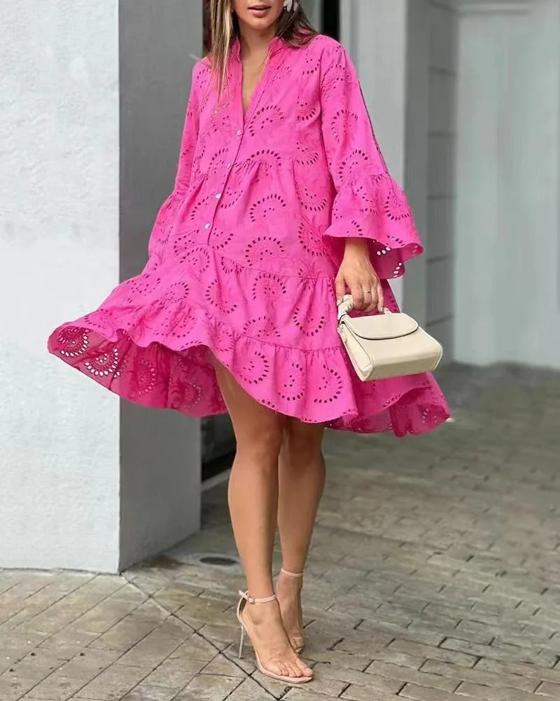 Bessy | Spitzenkleid für Damen mit Knopfleiste & Weiten Ärmeln im Boho-Stil