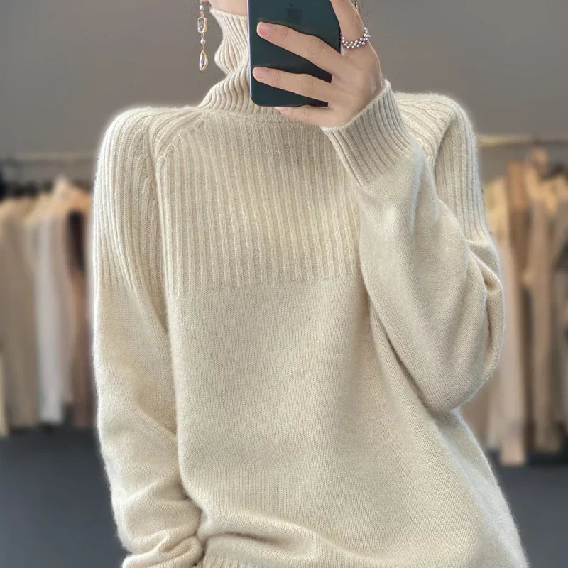Damen Rippstrick-Rollkragenpullover Relaxed Fit
