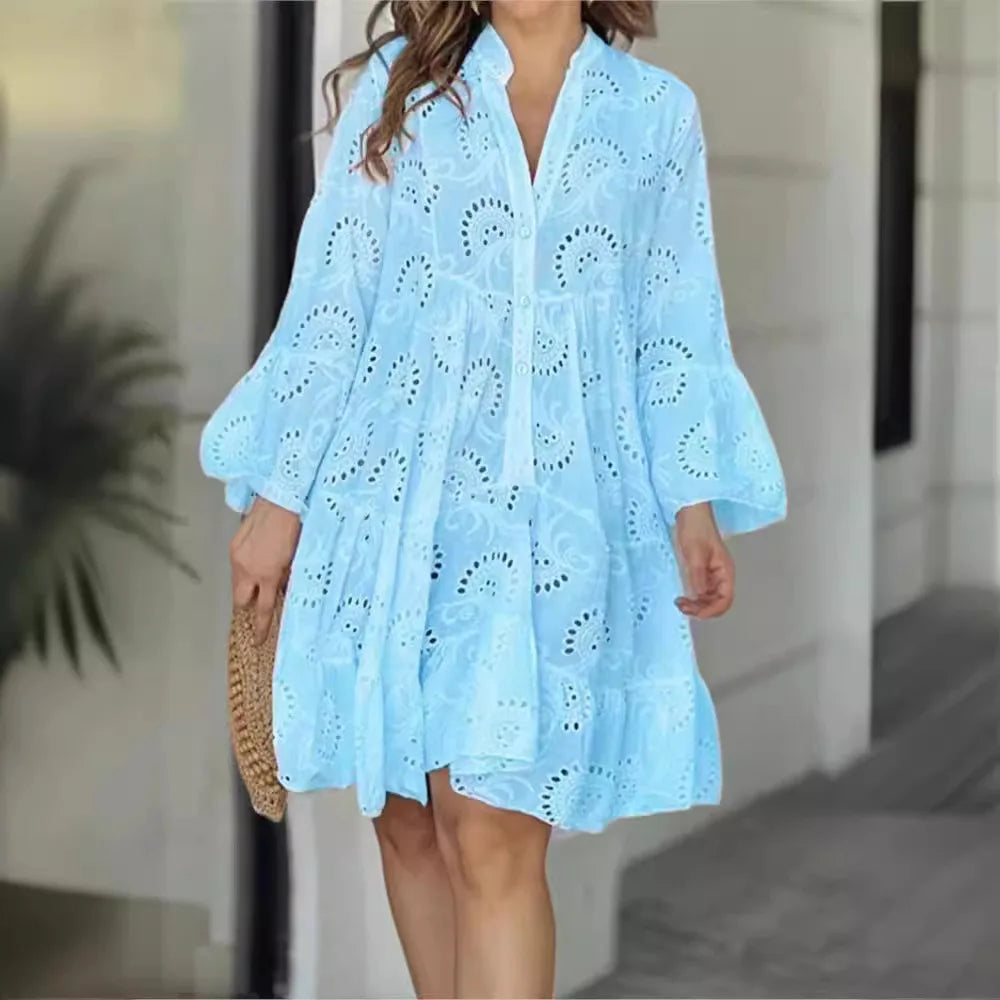 Bessy | Spitzenkleid für Damen mit Knopfleiste & Weiten Ärmeln im Boho-Stil
