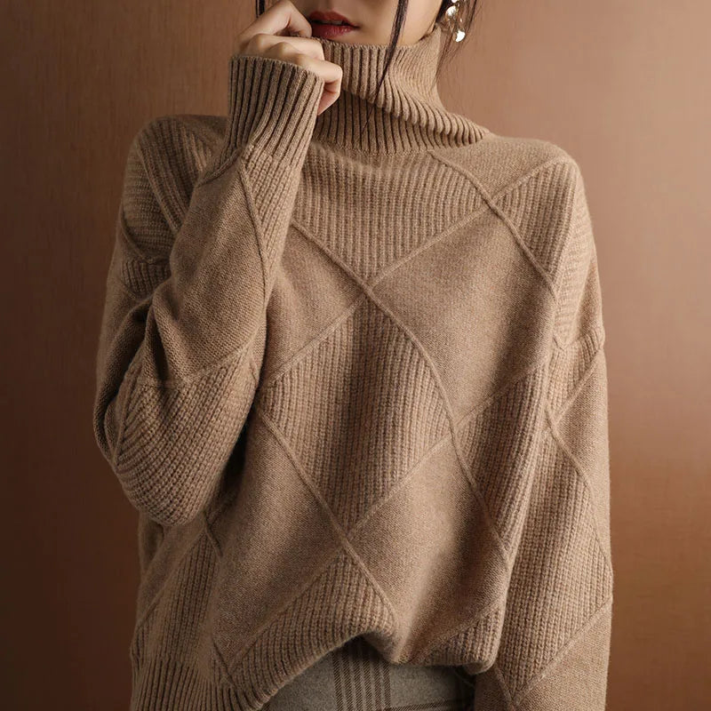 Damen Rippstrickpullover Relaxed Fit Freizeit Turtleneck