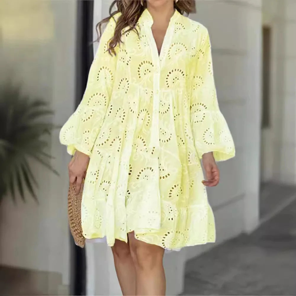 Bessy | Spitzenkleid für Damen mit Knopfleiste & Weiten Ärmeln im Boho-Stil