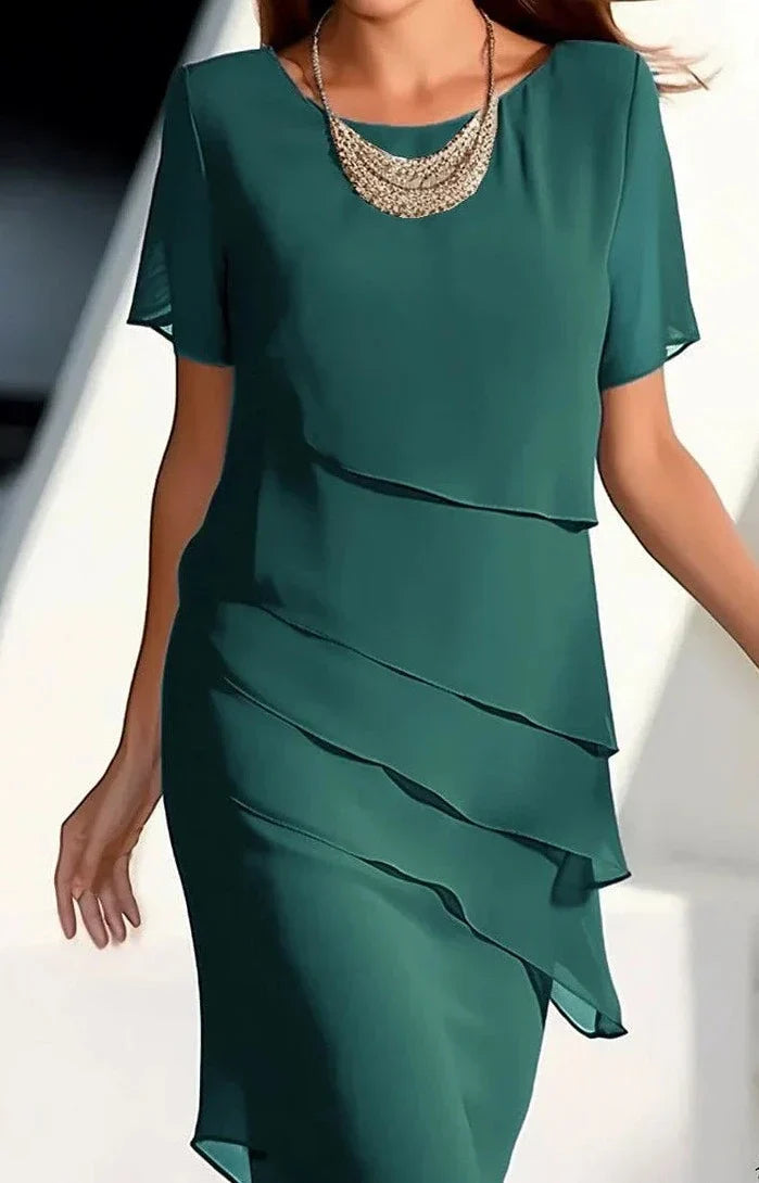 Mercy | Elegantes Midikleid für Damen mit Volantärmeln & Lagenrock | Rundhals & Tailliertes Design für Alltag & besondere Anlässe