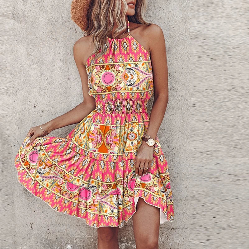 Renia | Ibiza Mini Sommerkleid – Ärmellos, Neckholder & Tailliert mit Boho-Print