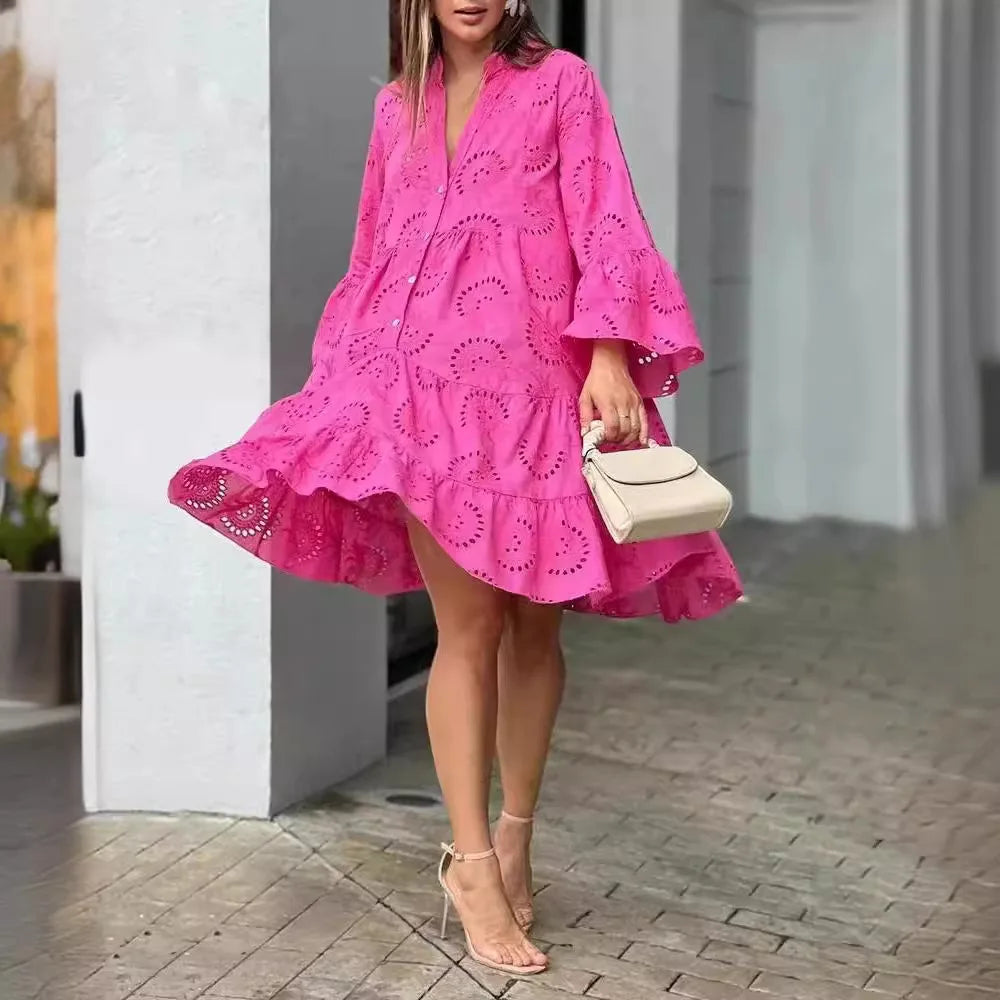 Bessy | Spitzenkleid für Damen mit Knopfleiste & Weiten Ärmeln im Boho-Stil