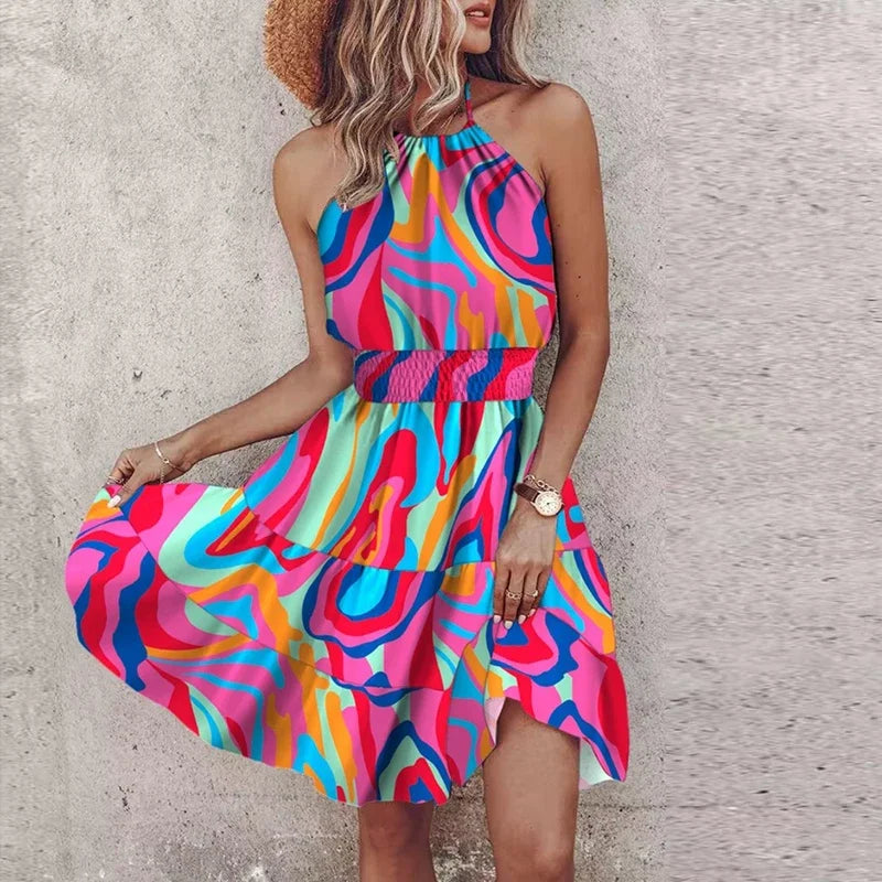 Renia | Ibiza Mini Sommerkleid – Ärmellos, Neckholder & Tailliert mit Boho-Print