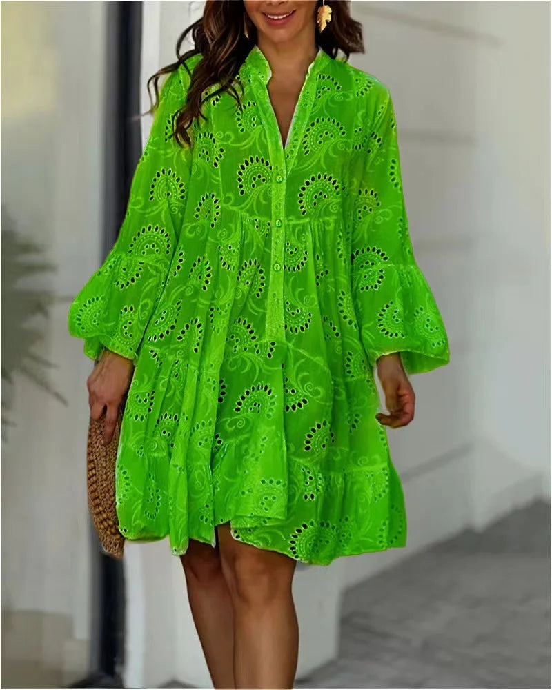 Bessy | Spitzenkleid für Damen mit Knopfleiste & Weiten Ärmeln im Boho-Stil