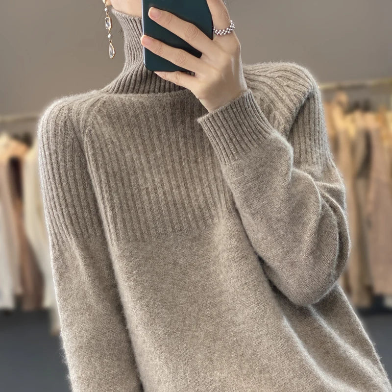 Damen Rippstrick-Rollkragenpullover Relaxed Fit