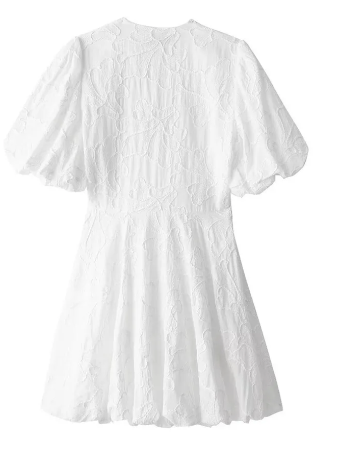 Lara | Weißes V-Ausschnitt Minikleid mit Puffärmeln & floraler Struktur