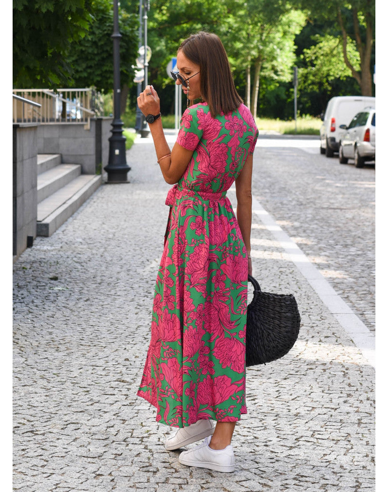 Zanya | Damen Wickel‑Maxikleid – V‑Ausschnitt, Kurzarm, Bindegürtel, Sommer‑Elegant