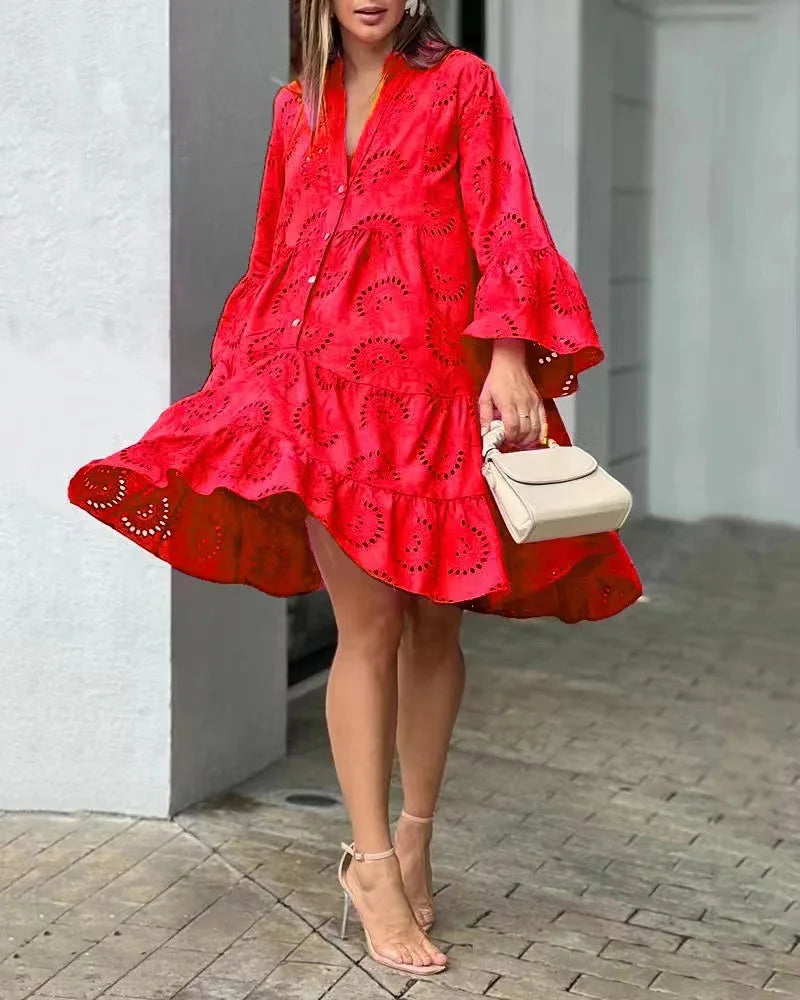 Bessy | Spitzenkleid für Damen mit Knopfleiste & Weiten Ärmeln im Boho-Stil