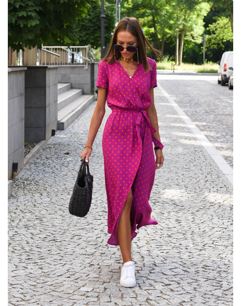 Zanya | Damen Wickel‑Maxikleid – V‑Ausschnitt, Kurzarm, Bindegürtel, Sommer‑Elegant