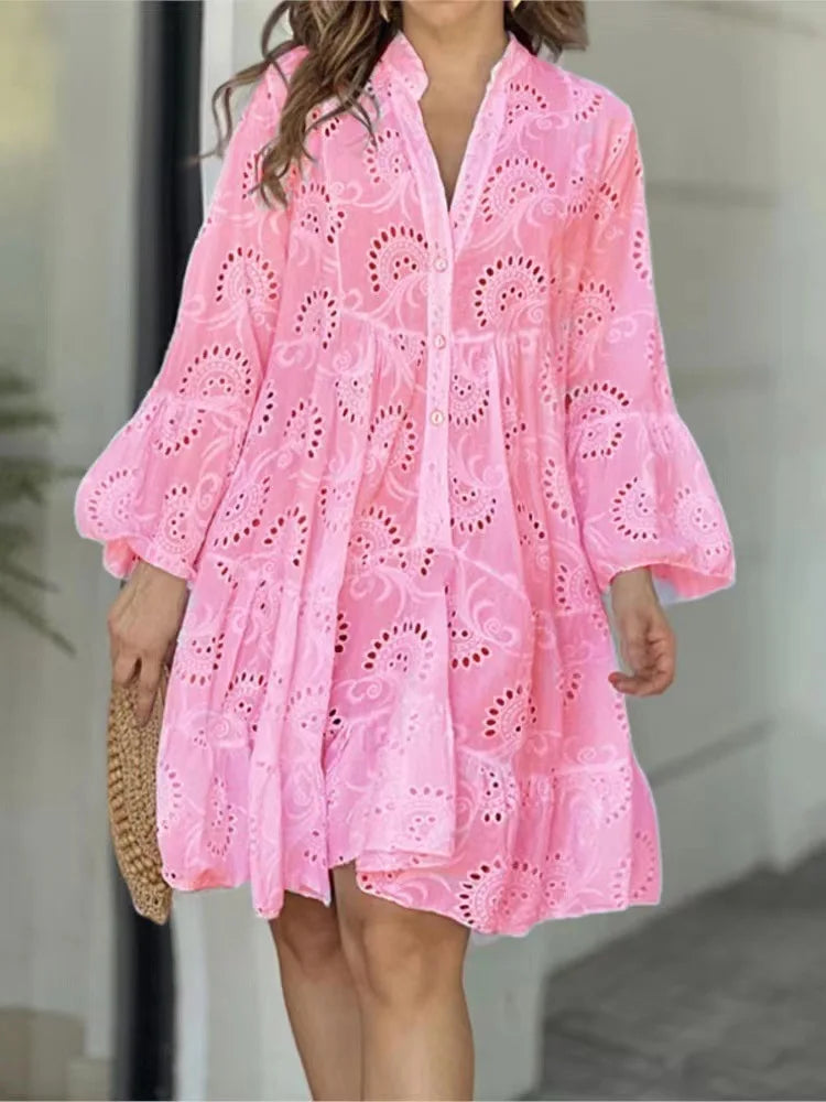 Bessy | Spitzenkleid für Damen mit Knopfleiste & Weiten Ärmeln im Boho-Stil