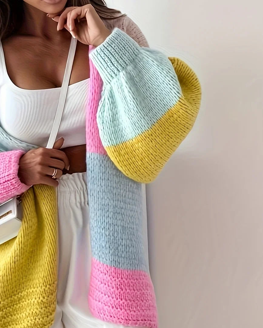 Damen Farbblock-Strickcardigan Oversize mit Patchwork-Design