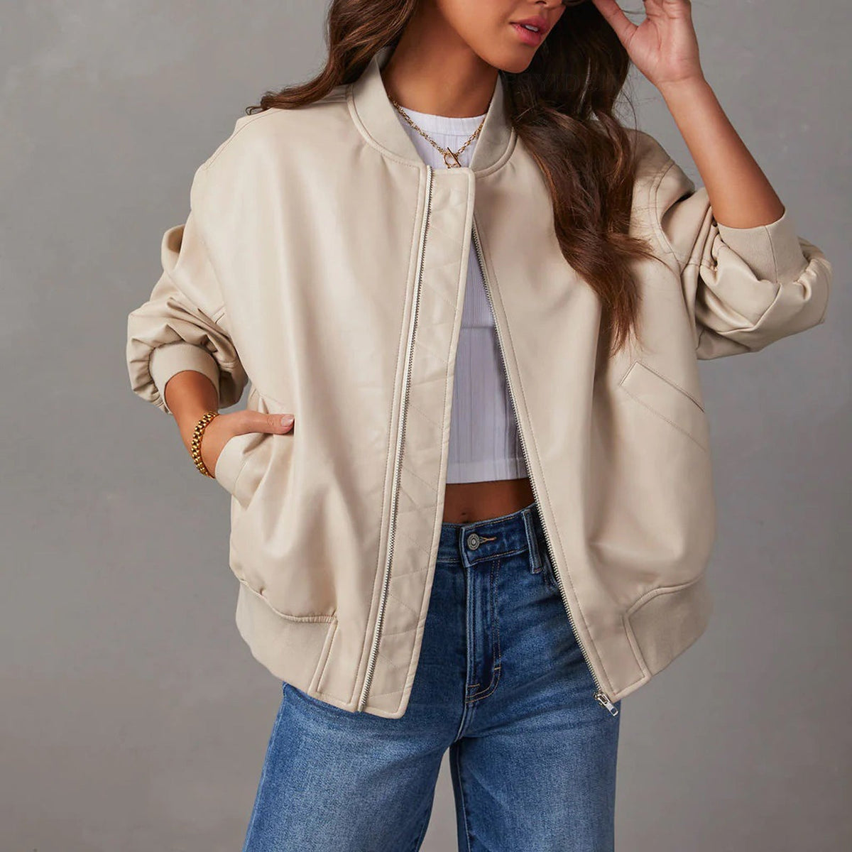 Damen Lederjacke Relaxed Fit Casual Bomberjacke
